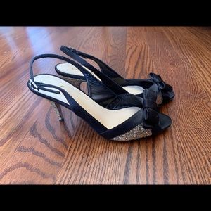Kate Spade Gold Glitter Black Satin Kitten Heels
